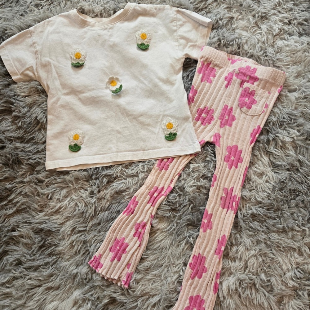 Zara Kids Girls 2-3yrs White Crochet Daisy T-Shirt and Pink Floral Leggings Set